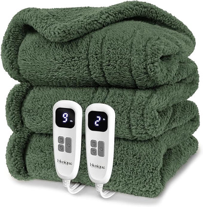Heated Blanket Electric Blanket Queen - Fast Heating Blanket Throw Dual Control Double Sided Sherpa with 10 Heating Levels & 2-10 Hours Auto Off, Mashine Washable, 84 x 90 Inches, Green