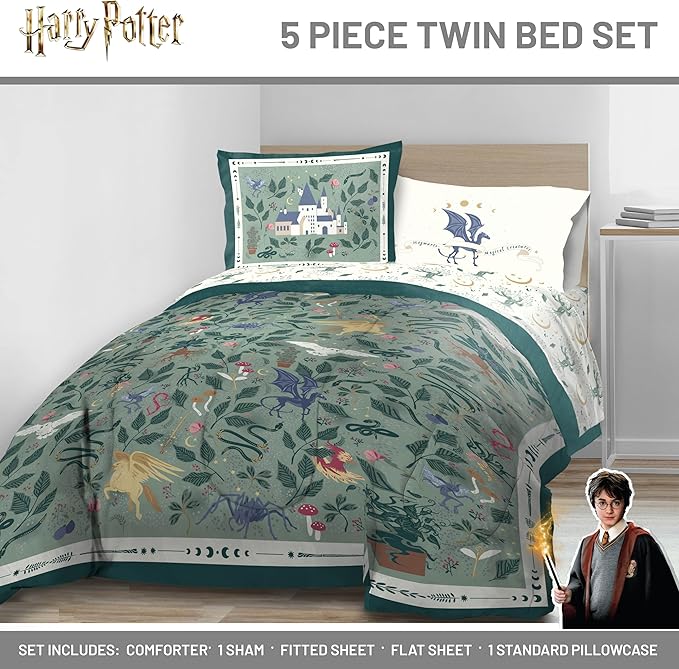 Jay Franco Kids Comforter Set Includes Sheets and Pillow Covers - Soft and Cozy Bed Set for Stylish Room Decor, Official Licensed Product, Green - Harry Potter, 5 Piece Twin