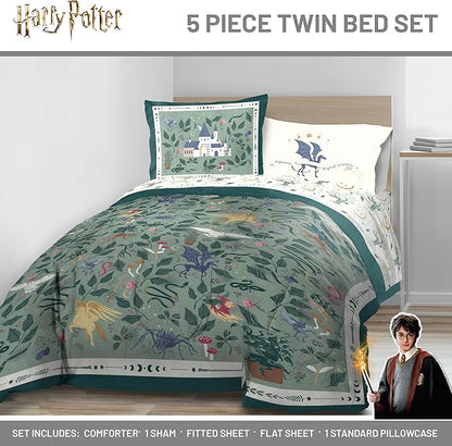 Jay Franco Kids Comforter Set Includes Sheets and Pillow Covers - Soft and Cozy Bed Set for Stylish Room Decor, Official Licensed Product, Green - Harry Potter, 5 Piece Twin