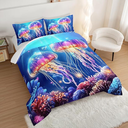 Kids Bedding Colorful Jellyfish Comforter Set,Water Coral Flash Bedding Twin Size Comforter Sets for Girls Boys Room Decor,Marine Life Bedding Comforter Sets with 2 Pillowcases.