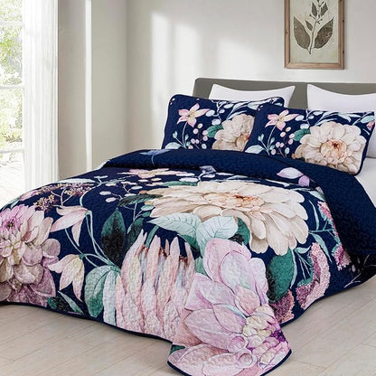 Drucon Floral Quilt King Size - 3 Pieces Navy Blue Quilt Botanical Bedspread Soft Lightweight Flower Bedding Set for All Season (104"x90")