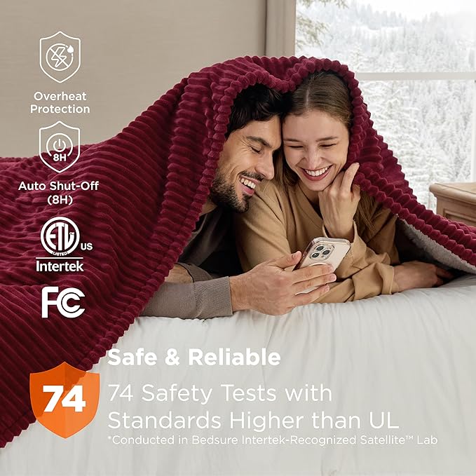 Bedsure GentleSoft Electric Blanket King Size - Soft Ribbed Flannel Heated Blanket with Dual Control, Heating with 10 Heat Settings & 10 Time Settings, 8 hrs Timer Auto Shut Off (90"x100", Burgundy)