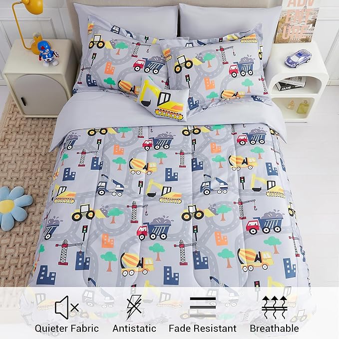 Mooreeke Kids Full Comforter Sets for Boys 8 Pieces Excavator Grey Bedding Set for Teens Soft Microfiber Kids Bed in A Bag with Comforter, Sheet Set, Shams and Decorative Toy Pillow All Season