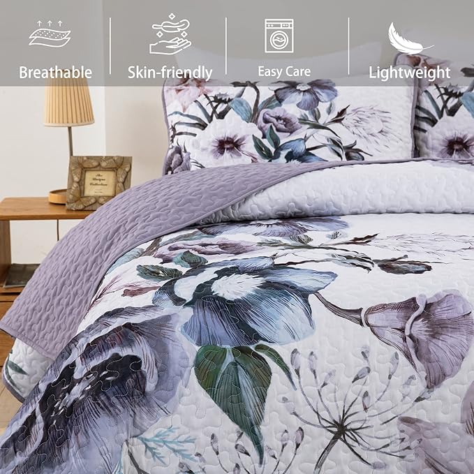 Floral Quilt Set Twin 2 Pieces Boho Purple Floral Quilt Coverlet Set Soft Microfiber Lightweight Purple Flower Quilted Bedspread for All Season 68"x 86"