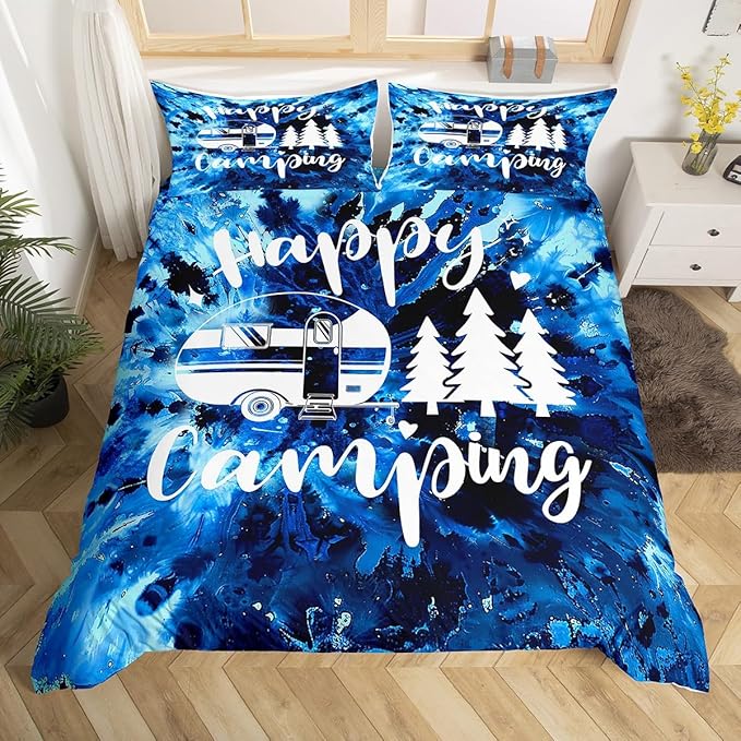 Happy Camping Camper Duvet Cover Set King Size,Watercolor Blue Tie Dye Comforter Cover with 2 Pillowcases Bedspread,Farmhouse Boho Trippy Art Microfiber Quilt Cover for Adult Women,3pcs
