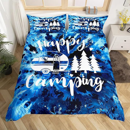 Happy Camping Camper Duvet Cover Set King Size,Watercolor Blue Tie Dye Comforter Cover with 2 Pillowcases Bedspread,Farmhouse Boho Trippy Art Microfiber Quilt Cover for Adult Women,3pcs