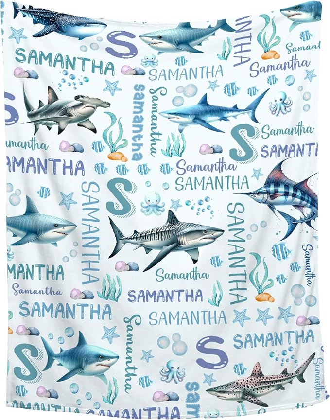Personalized Baby Blanket for Girls Boys Shark Ocean Custom Baby Blanket with Name Swaddle Blanket for Toddlers Infants Kids Shower Newborns Nursery Stroller Crib Decor Throw Birthday Gift
