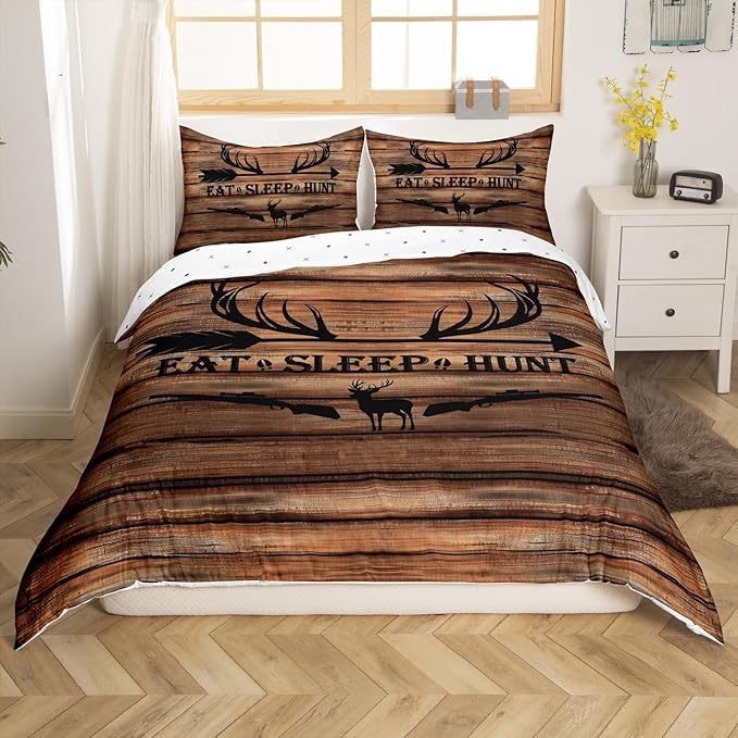 Castle Fairy Hunting Deer Bedding Set Queen Size,Deer Antler and Arrow Print Duvet Cover Set for Children Bedroom Present, Retro Brown Rustic Farm Board Microfiber Comforter Cover with 2 Pillowcases