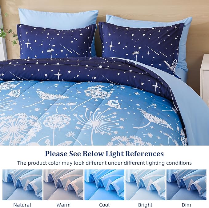 Menghomeus Queen Size Comforter Set for Boys Girls 7 Pieces Bed in A Bag Ombre Blue Rainbow Bedding Set Dandelion Butterfly Print Kids Teen Bedding Collections