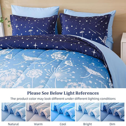 Menghomeus Queen Size Comforter Set for Boys Girls 7 Pieces Bed in A Bag Ombre Blue Rainbow Bedding Set Dandelion Butterfly Print Kids Teen Bedding Collections