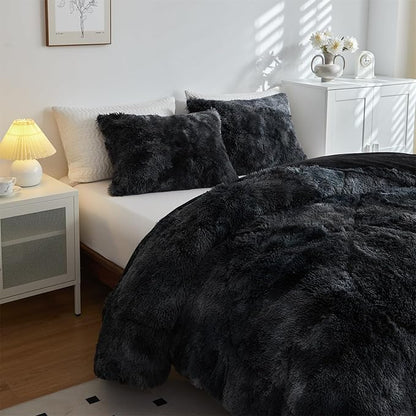 Wajade Faux Fur Plush Black Comforter Set Fluffy Fuzzy Shaggy Bedding Set - 3PC King Size Microfiber Soft Warm Quilt Set