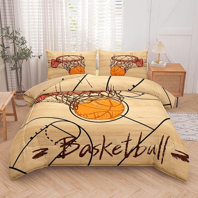 Peopleareok Basketball Comforter Set Full(79x90 Inch), 3D Printed Basketball Theme Comforter, Boys Sport Bedding, 3 Pieces Soft Microfiber Bedding Set for Boys Kids with 2 Pillowcases