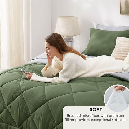 Bedsure King Size Comforter Set - 7 Pieces Reversible Olive Green Bedding, King Size Bed Set for All Seasons, Bed in a Bag with Down Alternative Comforter, Sheets, Pillowcases & Shams