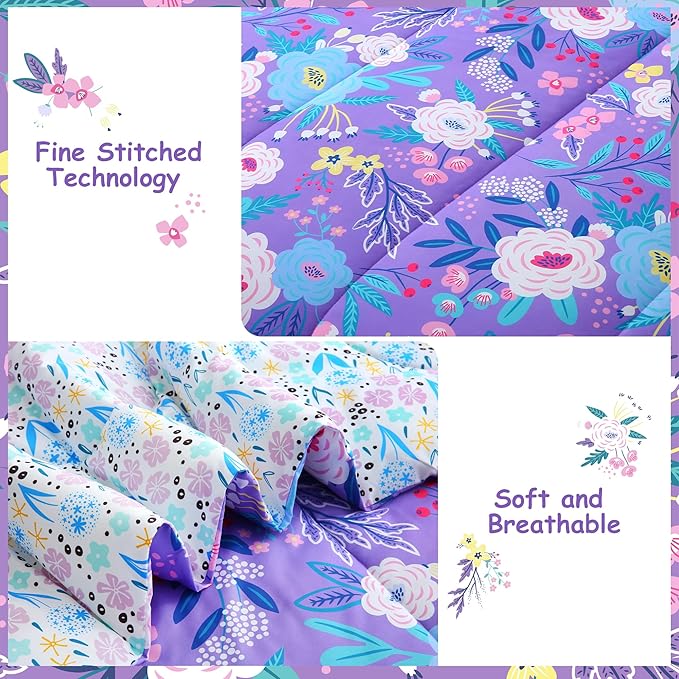 Mooreeke Kids Twin Comforter Sets for Girls 6 Pieces Purple Floral Bedding Set for Teens Microfiber Flowers Kids Bed in A Bag with Comforter, Sheet Set, Shams and Decorative Toy Pillow All Season