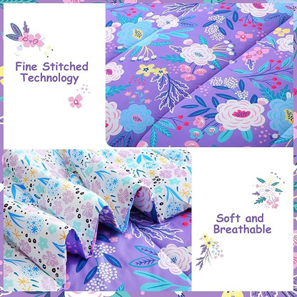 Mooreeke Kids Twin Comforter Sets for Girls 6 Pieces Purple Floral Bedding Set for Teens Microfiber Flowers Kids Bed in A Bag with Comforter, Sheet Set, Shams and Decorative Toy Pillow All Season