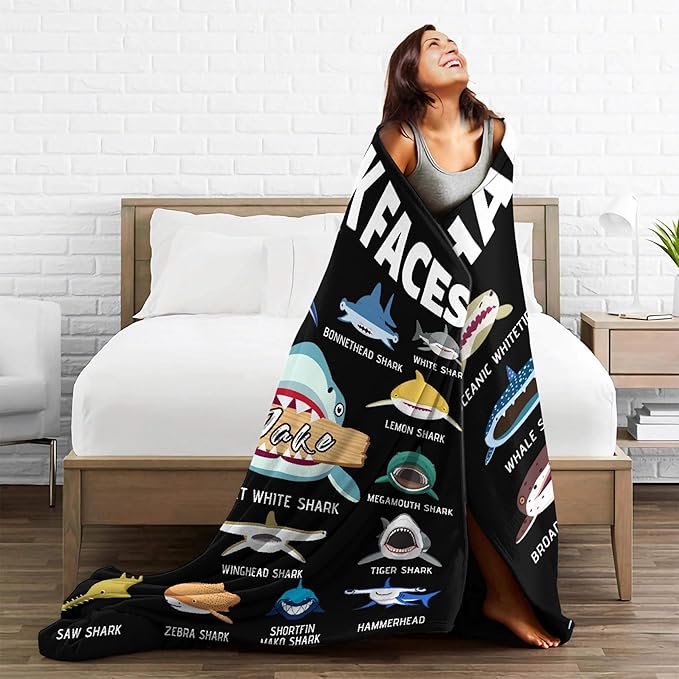 Custom Shark Faces Blankets Gifts for Birthday Son Daughter Brother Friends On Bed Sofa,Personalized Premium Flannel Blankets for Christmas Thanksgiving, All Season Use 60''x 80'' -L