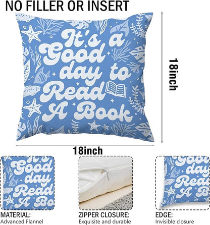 Blue It's A Good Day to Read A Book Classroom Throw Pillow Covers, Sea Coastal Reading Kids Pillows Covers, Ocean Beach Summer Pillow Cases Decor for Library Reading Nook Corner Couch 18x18in