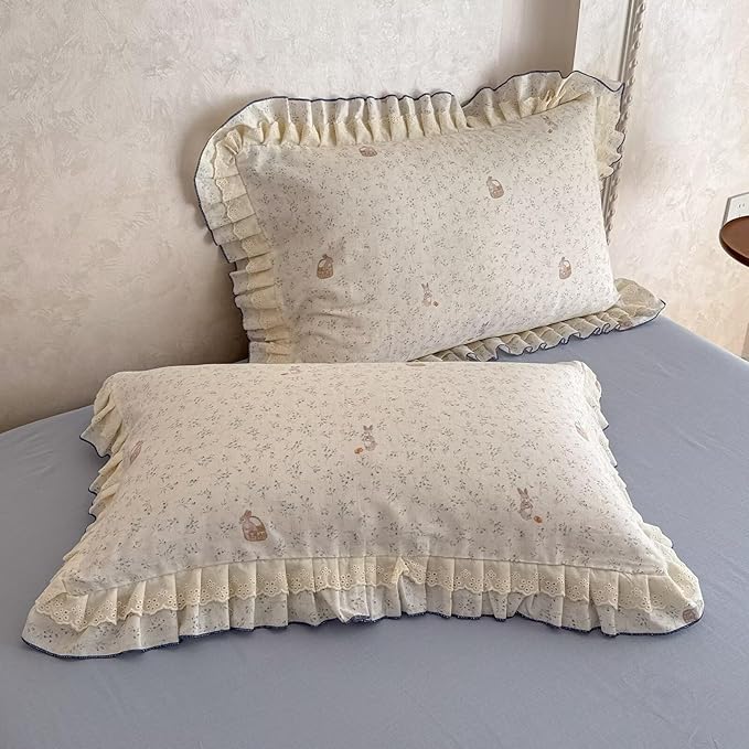 BuLuTu Lace Ruffles Duvet Cover Twin with Cute Rabbit Blue Floral Print, Princess Bedding Set for Kids Teens Girls, 100% Gauze Cotton Muslin Bedding Comforter Cover with Zipper, 4 Ties