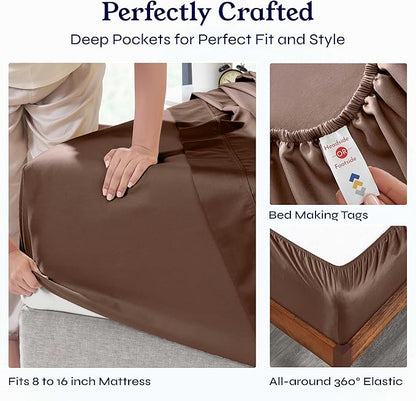 California Design Den Natural 100% Cotton King Size Sheets Set - Soft 400 Thread Count Sateen, Deep Pocket Bed Sheets, Breathable, and Durable Bedding Set - Espresso Chocolate Brown