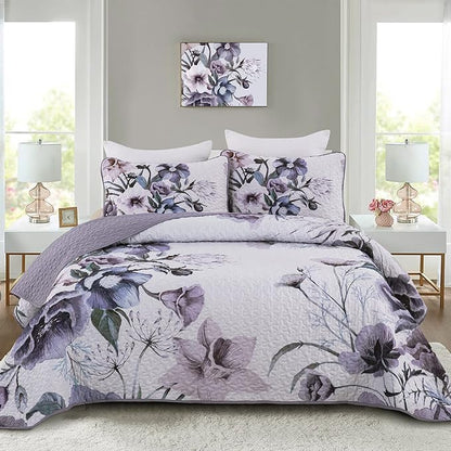 Drucon Purple Floral Quilt Set Queen Size 3 Pieces Purple Botanical Flower Quilt Coverlet Set Soft Microfiber Lightweight Quilted Bedspread for All Season 90"x96"