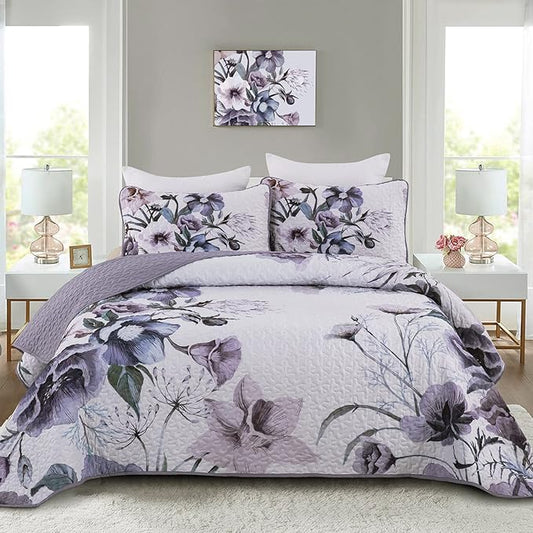 Floral Quilt Set Twin 2 Pieces Boho Purple Floral Quilt Coverlet Set Soft Microfiber Lightweight Purple Flower Quilted Bedspread for All Season 68"x 86"