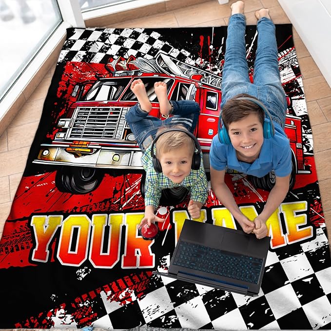 Blanket for Boys, Personalized Fire Truck Throw Blanket Gifts for Kids Boys Age 6-8, 40"x50" Cute Custom Flannel Blankets Gift for Son Cars Lovers Lightweight Throws for Couch Sofa Bed Decor