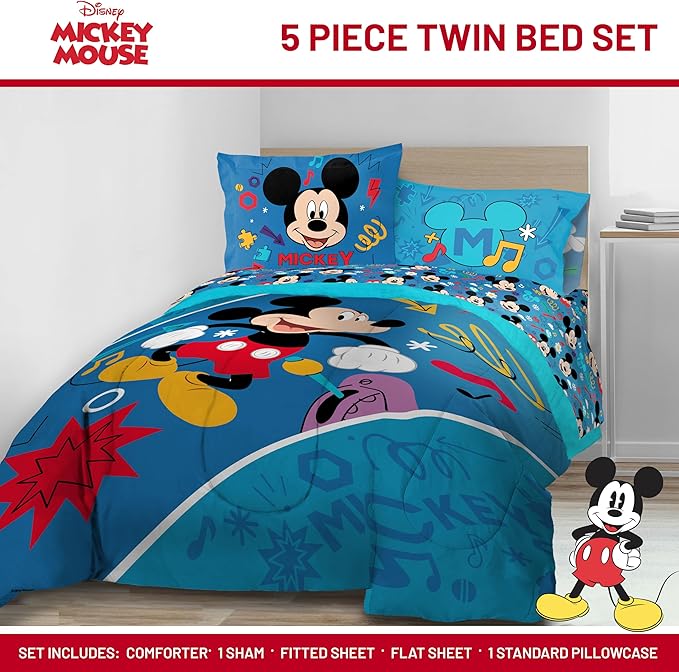 Jay Franco Kids Comforter Set Includes Sheets and Pillow Covers - Soft and Cozy Bed Set for Stylish Room Decor, Blue - Mickey Mouse, 5 Piece Twin Bedding