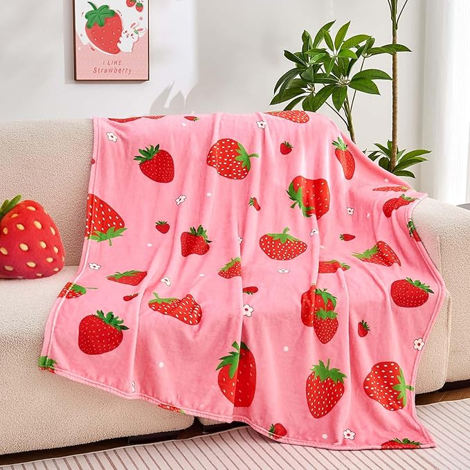 Pink Strawberry Kids Throw Blanket for Girls Teens Toddler Pink Soft Fuzzy Flannel Bed Blanket Birthday Gifts for Women Girls Kids Teens Adults, 60”x80”
