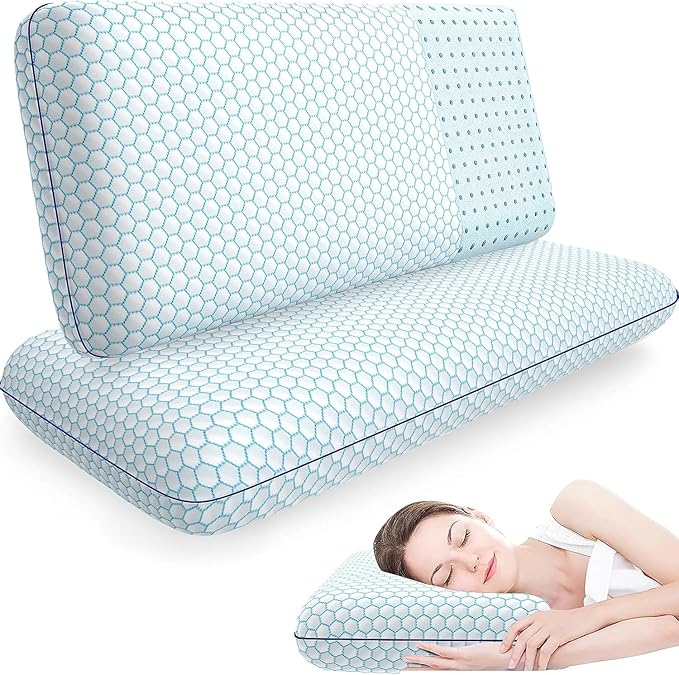 Memory Foam Pillows for Side, Back and Stomach Sleepers, Set of 2, Bed Pillow with Washable Cover and Breathable Mesh, Bed Pillow for Sleeping (Blue，King Size)