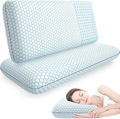 Memory Foam Pillows for Side, Back and Stomach Sleepers, Set of 2, Bed Pillow with Washable Cover and Breathable Mesh, Bed Pillow for Sleeping (Blue，King Size)