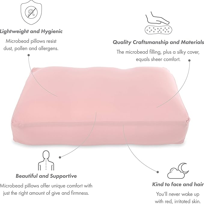 Premium Microbead Bed Pillow, Large Extra Fluffy But Supportive - Ultra Comfortable Sleep with Silk Like Anti Aging Cover 85% Spandex/ 15% Nylon Breathable, Cooling Cream Peach