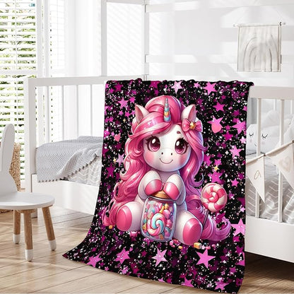 Unicorn Blanket for Kids Girls Blankets for Gift, Pink Cozy Lightweight 40 x 30 Inches Flannel Throws for Bed Travel Sofa Living Room Decor