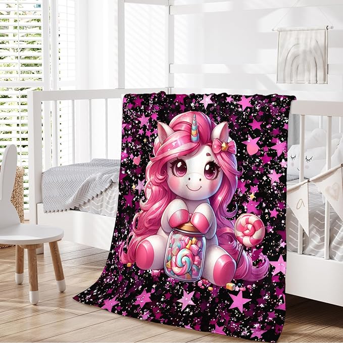 Unicorn Blanket for Gift, Kids Girls Blankets, Pink Cozy Soft 50 x 40 Inches Flannel Throws for Bed Travel Sofa Living Room