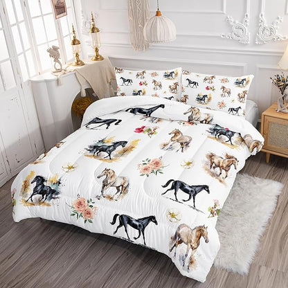 Horse Comforter Bedding Set for Boys Girls Kids Teens, Watercolor Painting Horse and Flowers Print Bedding Set Twin Size