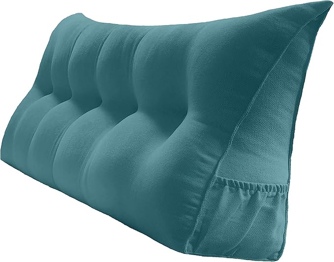 Triangular Reading Bed Rest Pillow Large Bolster Cushion Headboard Backrest Wedge Pillow with Removable Cover and Two Large Side Pockets (Teal Blue, Queen: 59 x 8 x 20 inches)