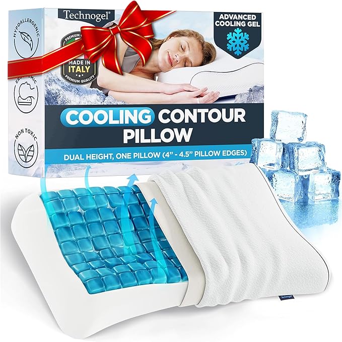 Technogel Contour Pillow with Cooling Gel – Ergonomic Neck, Shoulder and Cervical Support – Memory Foam with Temperature Regulation – for Back, Side Sleeper - Dual Heights Design, (4" & 4.5")