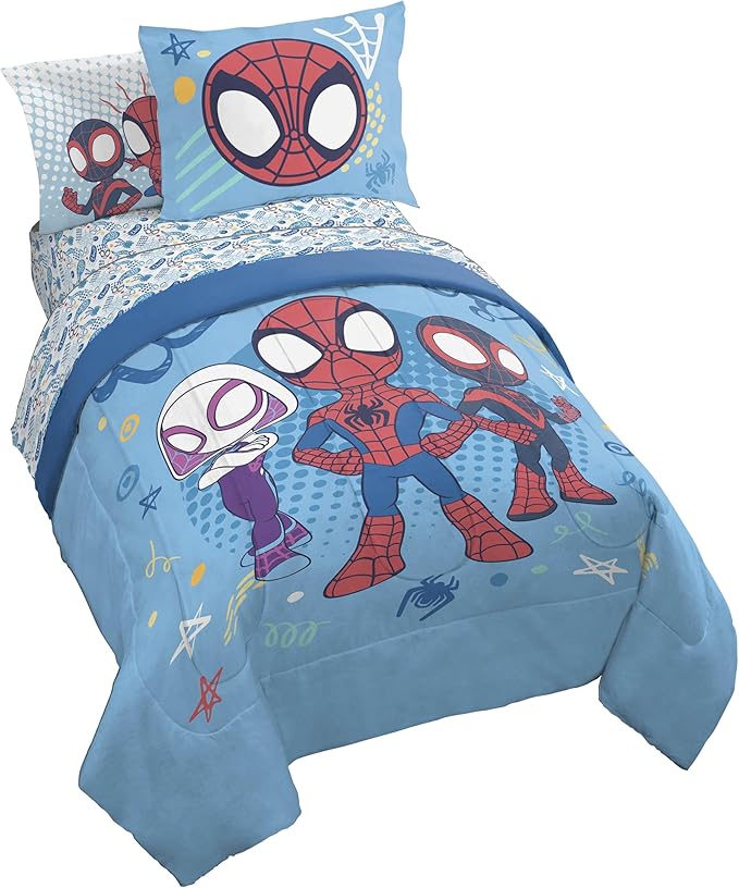 Jay Franco Kids Comforter Set Includes Sheets and Pillow Covers - Soft and Cozy Bed Set for Stylish Room Decor, Light Blue - Spidey & His Amazing Friends, 5 Piece Twin Bedding