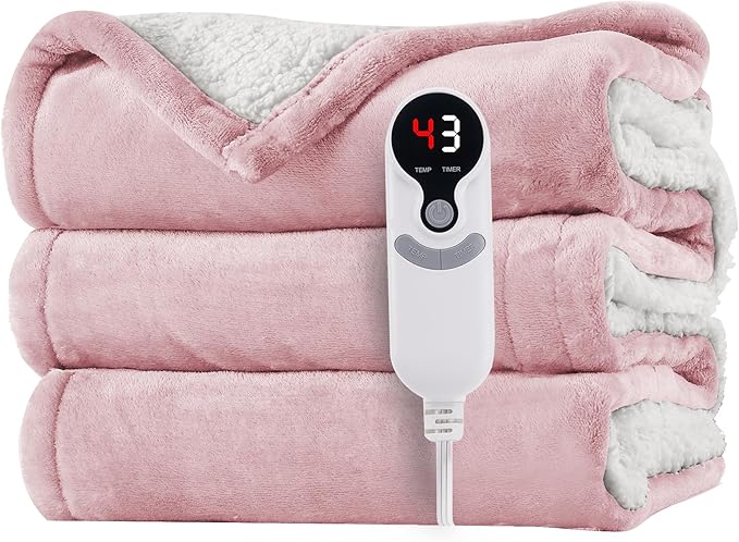 Electric Heated Blanket Twin Size 62"x84" - Flannel & Sherpa Fabric Dual-Sided, 6 Heat Settings & 10 Hours Auto Off, Soft & Cozy Warming Throw for Home, Office, or Bed, Machine Washable, Light Pink