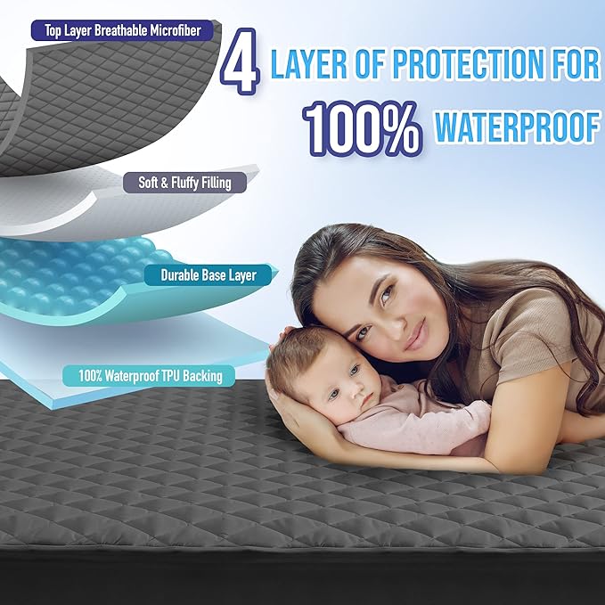HYLEORY California King Size Waterproof Mattress Pad Protector, Breathable Quilted Mattress Cover Noiseless Waterproof Fitted Sheet Mattress Topper Upto 21" Deep Pocket, Dark Grey
