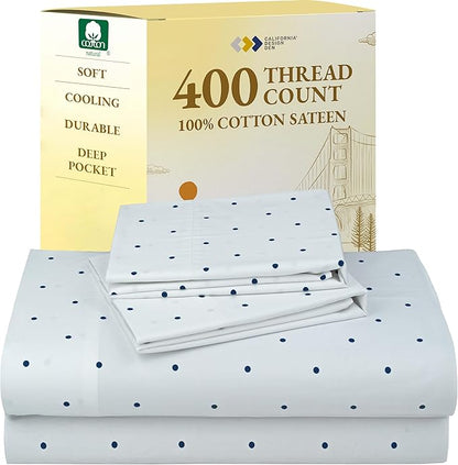 California Design Den Queen Sheet Set - 400 Thread Count Sateen, Natural 100% Cotton Sheets for Queen Size Bed, Deep Pocket and Durable Bedding - Polka Dot