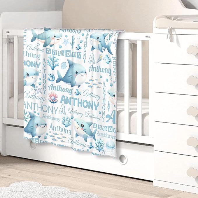 Personalized Baby Blanket for Girls Boys Shark Ocean Custom Baby Blanket with Name Swaddle Blanket for Toddlers Infants Kids Shower Newborns Nursery Stroller Crib Decor Throw Birthday Gift