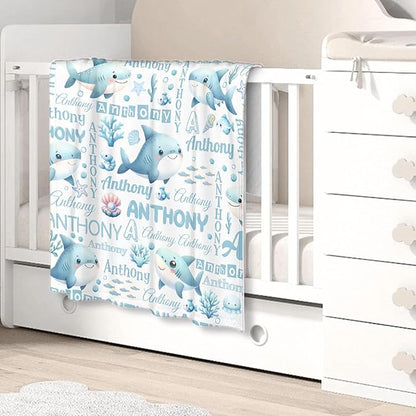 Personalized Baby Blanket for Girls Boys Shark Ocean Custom Baby Blanket with Name Swaddle Blanket for Toddlers Infants Kids Shower Newborns Nursery Stroller Crib Decor Throw Birthday Gift