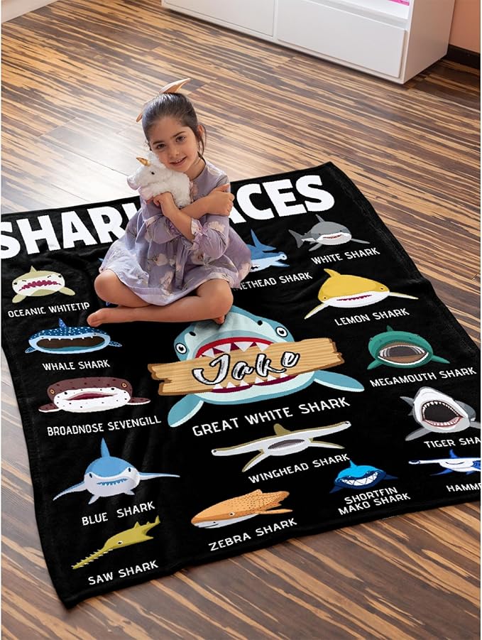 Custom Shark Faces Blankets Gifts for Birthday Son Daughter Brother Friends On Bed Sofa,Personalized Premium Flannel Blankets for Christmas Thanksgiving, All Season Use 40''x 50'' -S