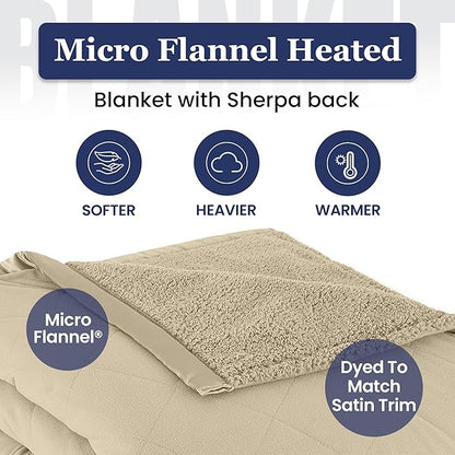 Thermee Micro Flannel Heated Blanket With Sherpa Back, 10-Setting Electric Full Size, Programmable, Ultra-Soft Throw, Fast Heating Thermal - Tan