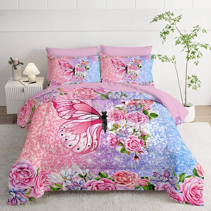 Butterfly Comforter Set (7 Piece) - Twin Size, Floral Pink Purple Bedding, Girls/Teens, Soft Microfiber, Sheets/Pillowcases Included