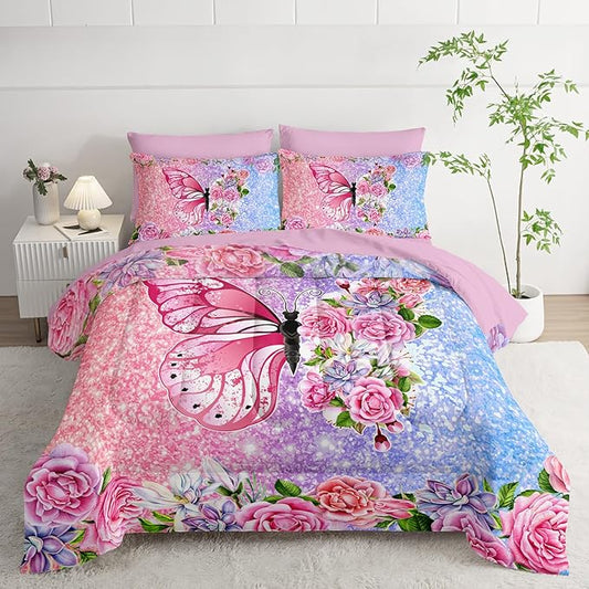 Butterfly Comforter Set (7 Piece) - Twin Size, Floral Pink Purple Bedding, Girls/Teens, Soft Microfiber, Sheets/Pillowcases Included