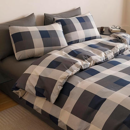Wellboo Blue Plaid Comforter Sets Full Size Navy Blue and Grey Checkered Bedding Comforters Modern Beige Grid Quilt Blankets Women Men Gray Checkerboard Bedding Soft Brown Geometric Bed