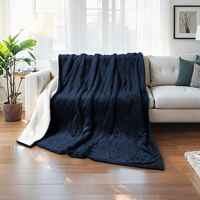 Electric Blanket Twin Size 62" x 84" Thickened Flannel and Sherpa Heated Blanket,10 Hours Timer Auto-Off,5 Heating Levels,for Bedroom Office Couch,Navy Blue