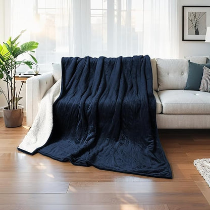 Electric Blanket Twin Size 62" x 84" Thickened Flannel and Sherpa Heated Blanket,10 Hours Timer Auto-Off,5 Heating Levels,for Bedroom Office Couch,Navy Blue