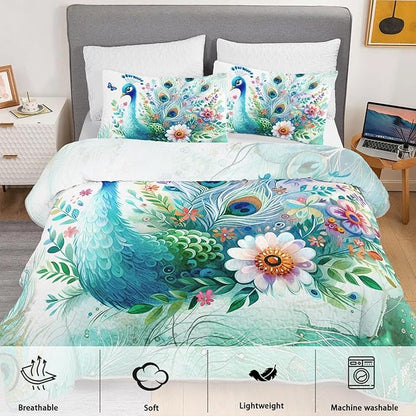 Teal Blossom Peacock Animal Quilt Bedding King 3Pcs Flower Butterfly Pattern Bed Set Watercolor Feather Lightweight Bedspread Coverlet with 2 Pillowcases for Kid Boy Girl Teen Adult Room Decor